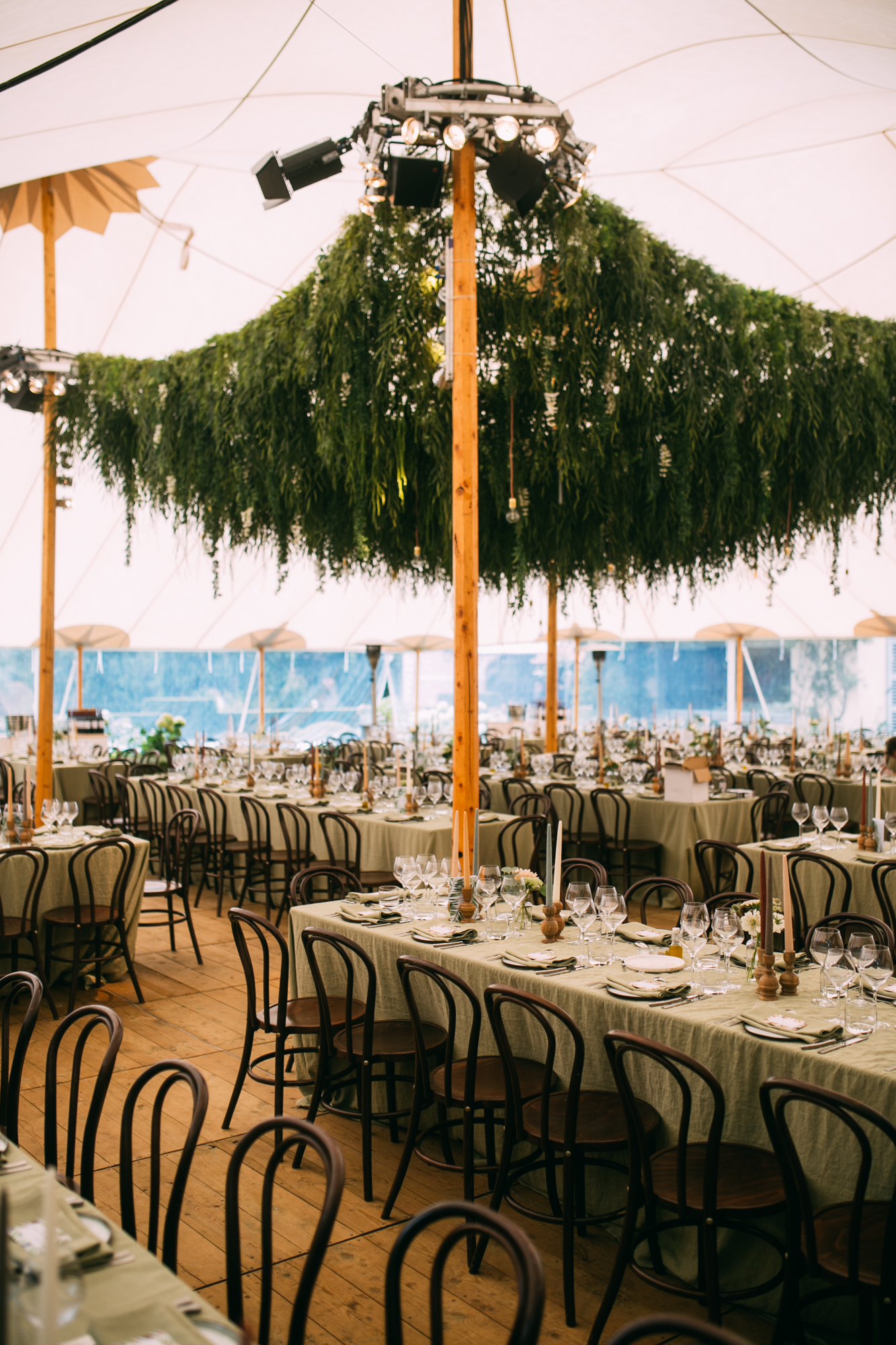 green ceiling above tables